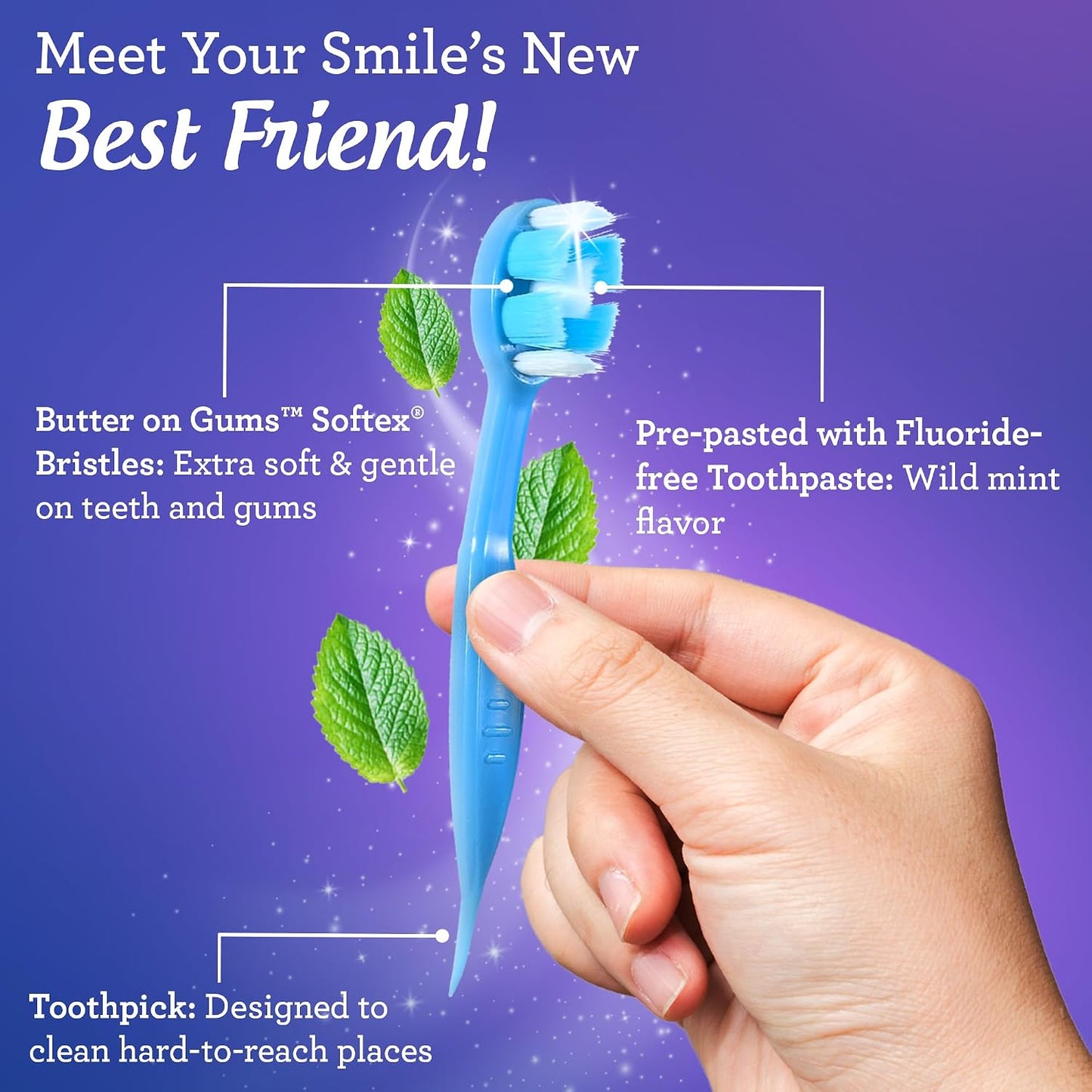 GuruNanda Mini Disposable Toothbrushes with Toothpaste & Toothpick, Prepasted Ready-to-Go Travel Toothbrush with Butter on Gums Bristles - Fluoride Free, No Rinsing, Individually Wrapped, 70 Ct