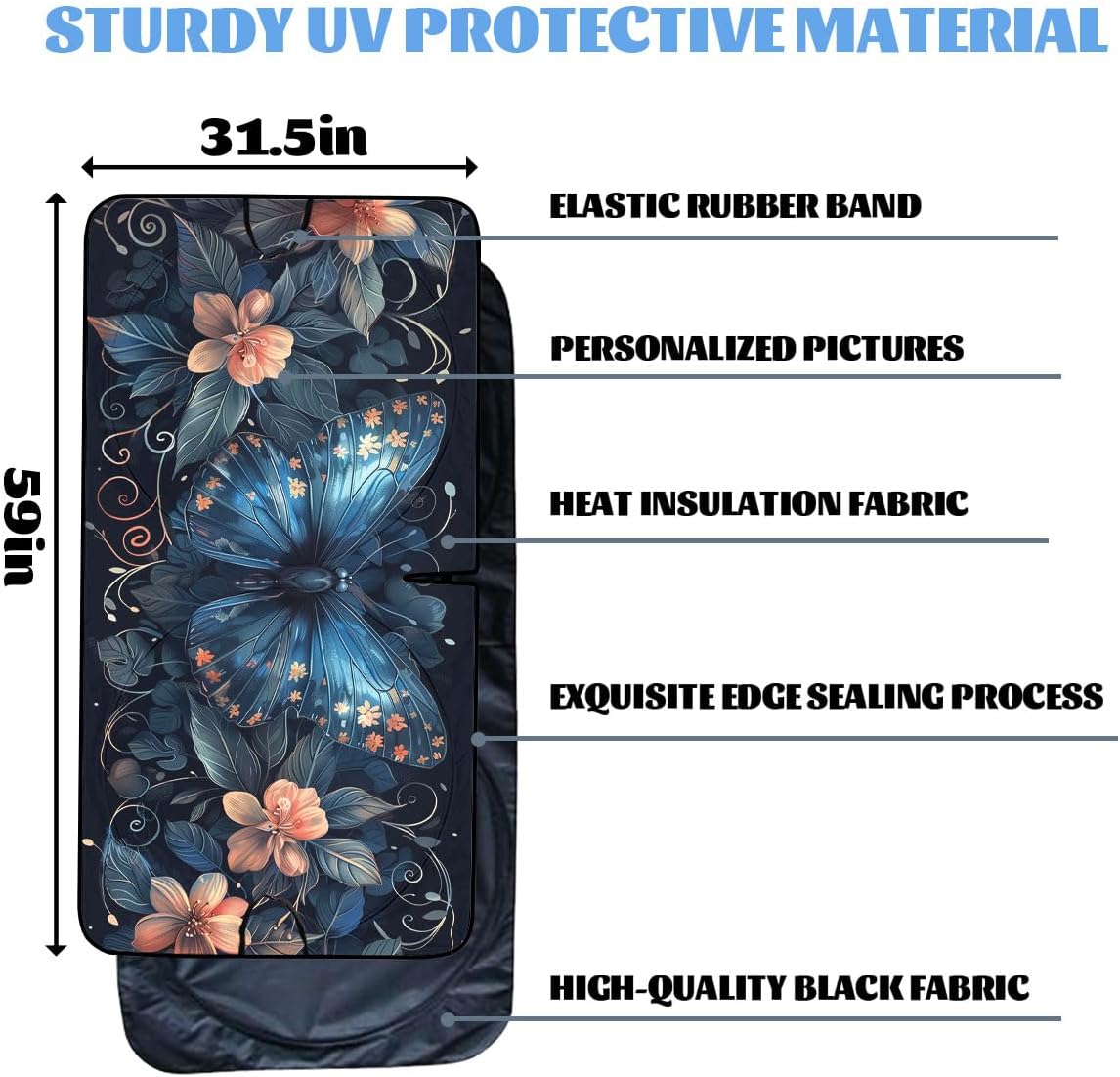Blue Butterfly Car Windshield Sunshade Folding Retro Flowers Leaves Heatshield Front Window Car Sun Shade Windshield Block UV Rays Sun Shade Visor Protector for Car Sedan Truck SUV Accessories