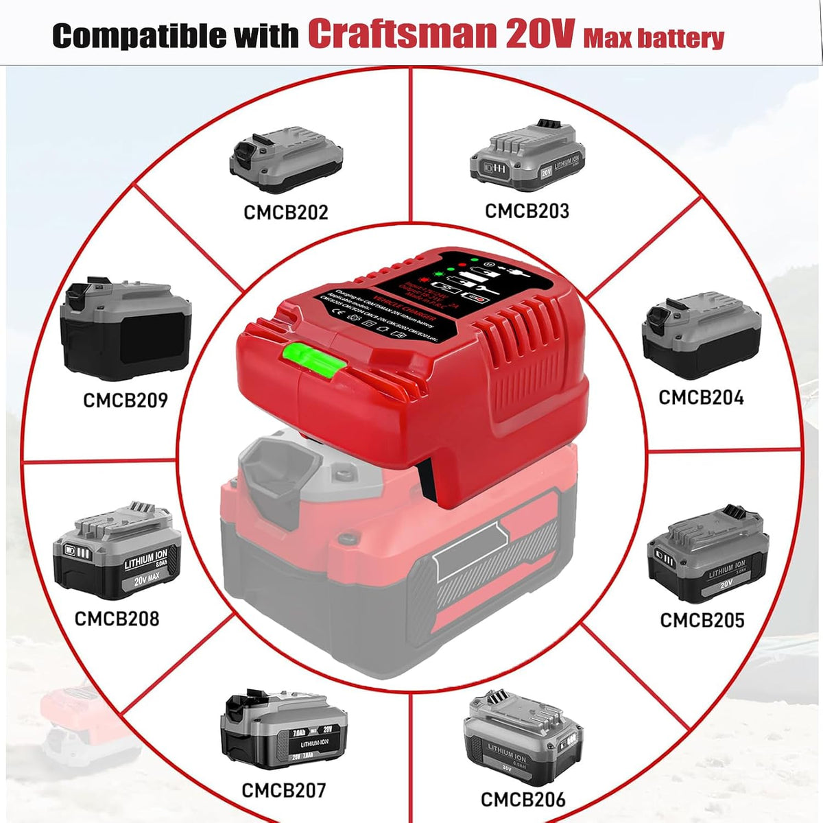 Car Charger for Craftsman 20V Battery, Vehicle Replace Charger for Craftsman V20 Batteries CMCB204 CMCB202 CMCB201 CMCB209 CMCB205, LED Indicator, Compact Design