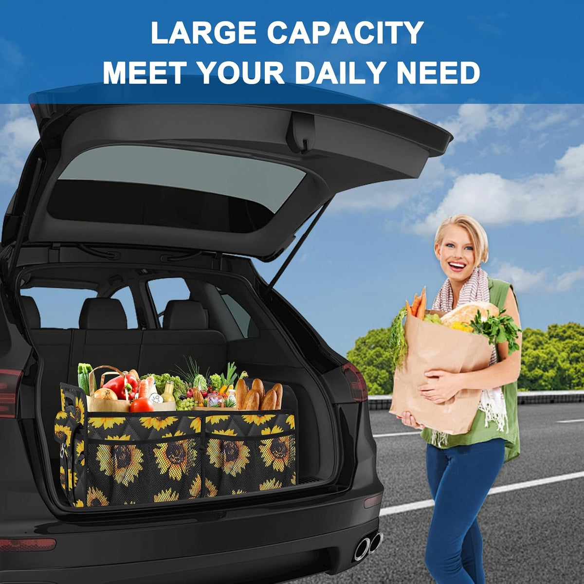 Olosar Collapsible Trunk Organizer - Portable SUV Car Accessories for Women/Men, Any Car, Mini-Van, Sunflower