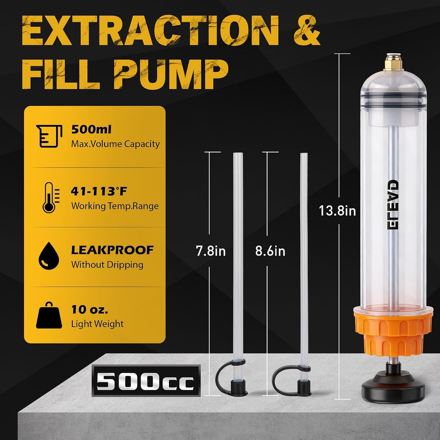ELEAD 500cc Oil Fluid Extractor Pump, Multi-Purpose Oil Syringe, Fluid Syringe Extractor, Car Vacuum Fuel Transfer, Automotive Oil Syringe(17.6 Oz./0.45 Qt./500 CC)