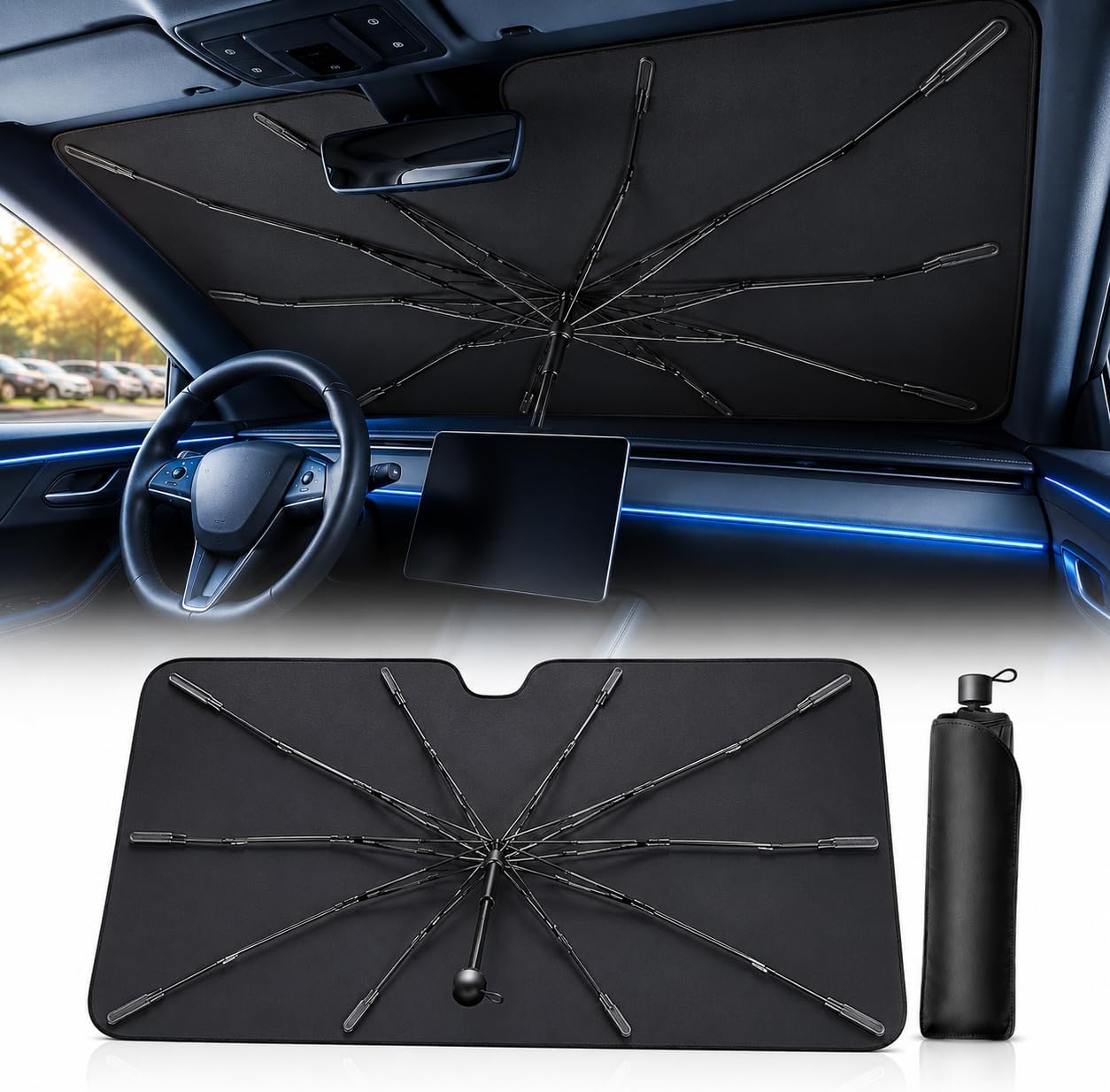 2026 Upgraded DooGooCoo Windshield Sun Shade Umbrella for Car, Reinforced Frame, UV Block Heat Shield, Keeps Interior Cooler, Foldable Front Windshield Cover, Medium 57" x 32"