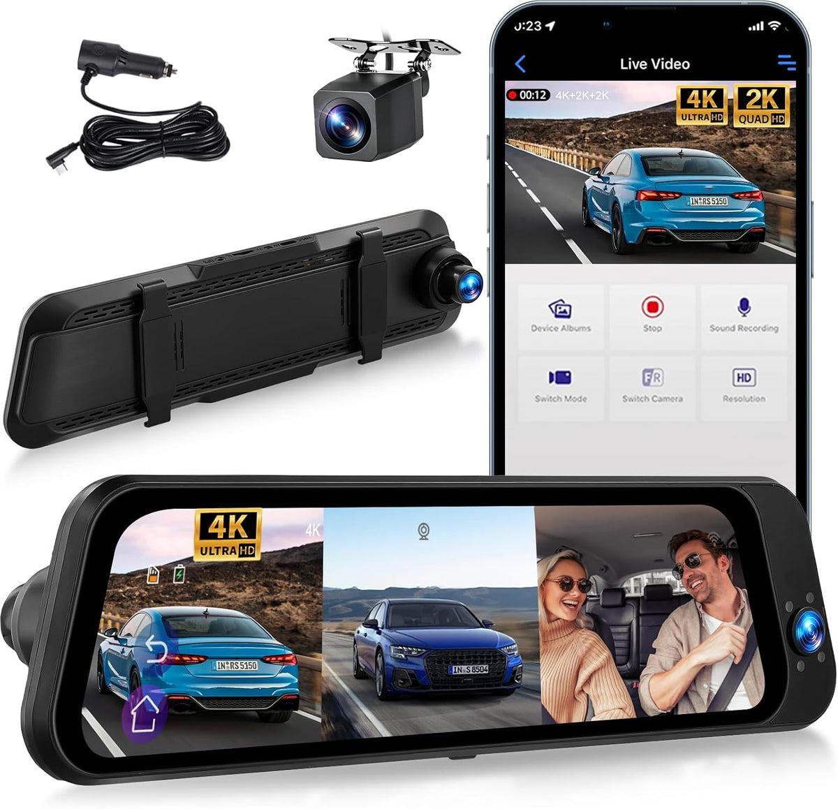 4K Mirror Dash Cam 3 Channel Front, Rear and Inside, with WiFi&APP Control