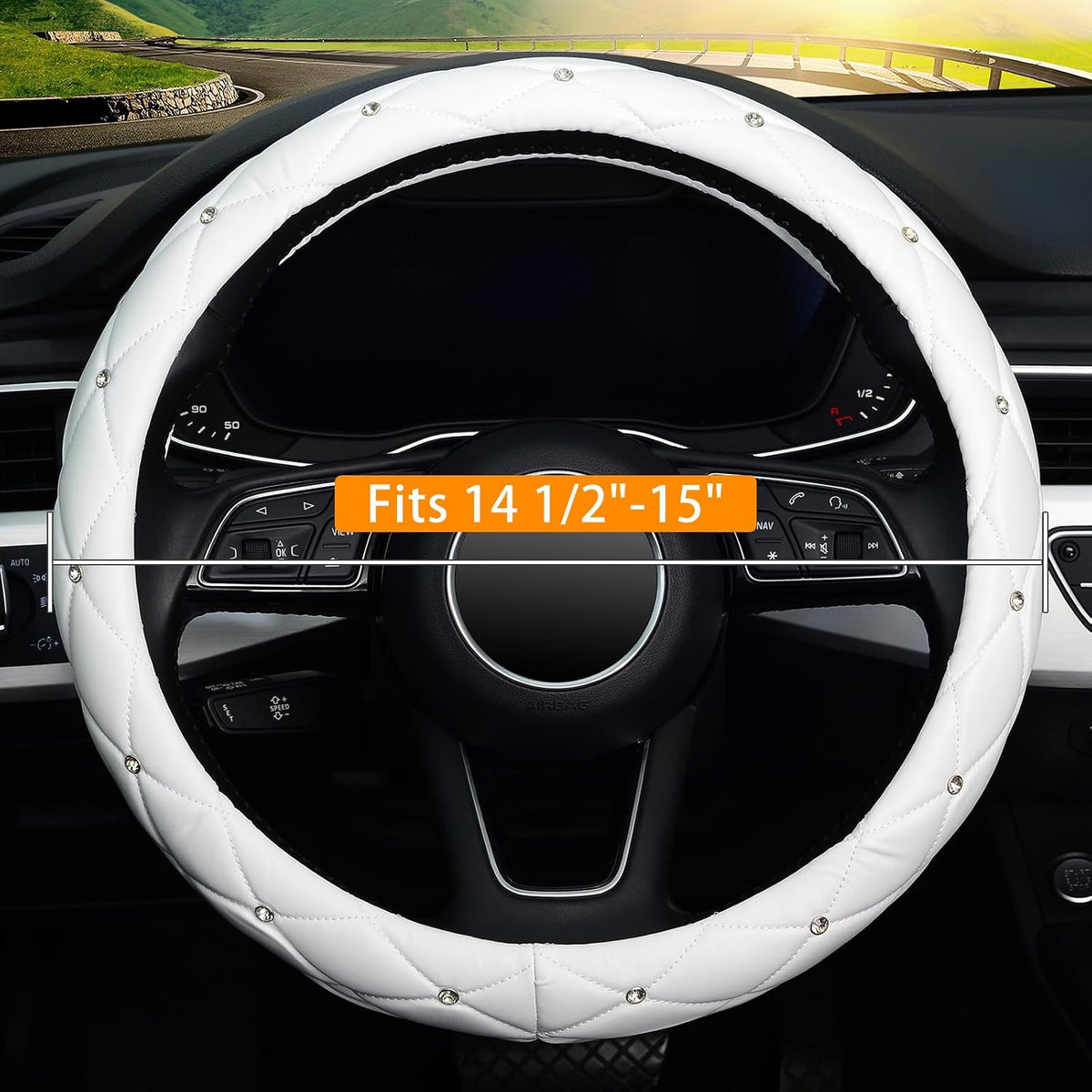 KAFEEK Diamond Leather Steering Wheel Cover, 15 Inch, Pure White