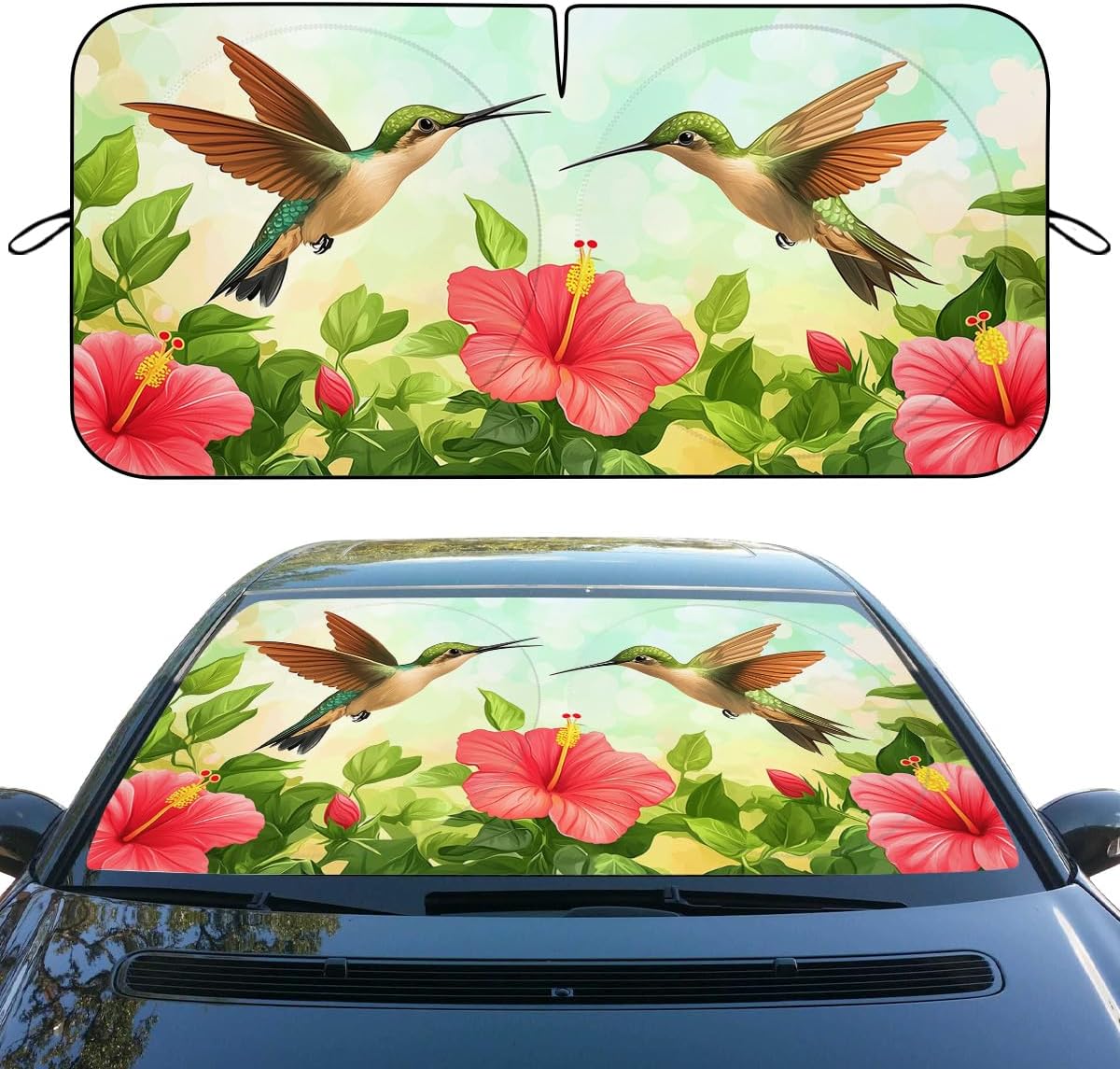 Hummingbirds Car Windshield Sunshades Hibiscus Tropical Garden Floral Summer Front Window Sun Shade Blocks UV Rays Sun Visor Protector for Car Sedan Truck SUV Accessories 59" L x 31.5" W