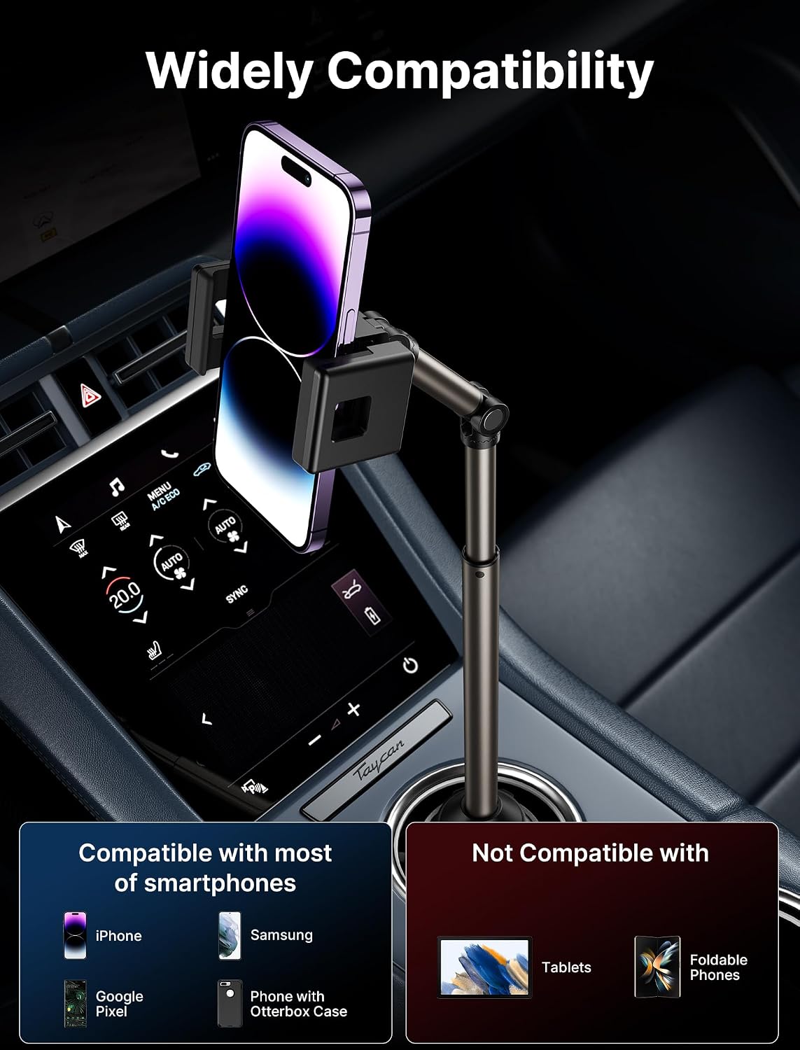JSAUX Car Cup Holder Phone Mount, Metal Long Arm, Adjustable Base