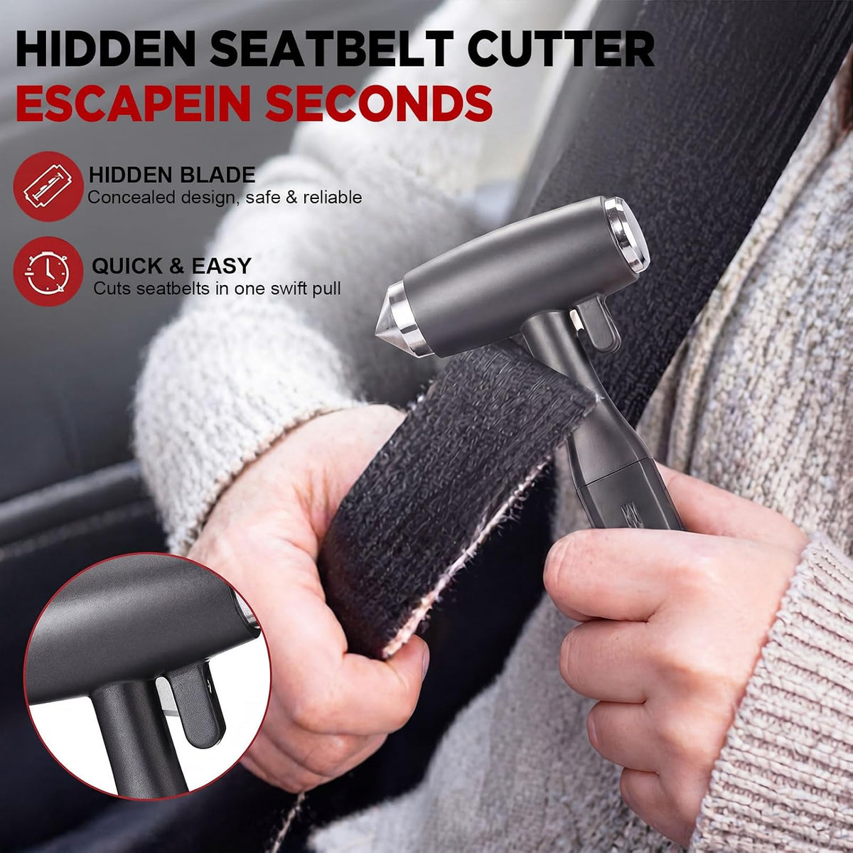 2 Pack 6.9" Heavy Duty Car Window Breaker, Tungsten Carbide Emergency Escape Tool for Laminated Glass, All Metal Safety Hammer with Seat Belt Cutter for Modern Vehicles