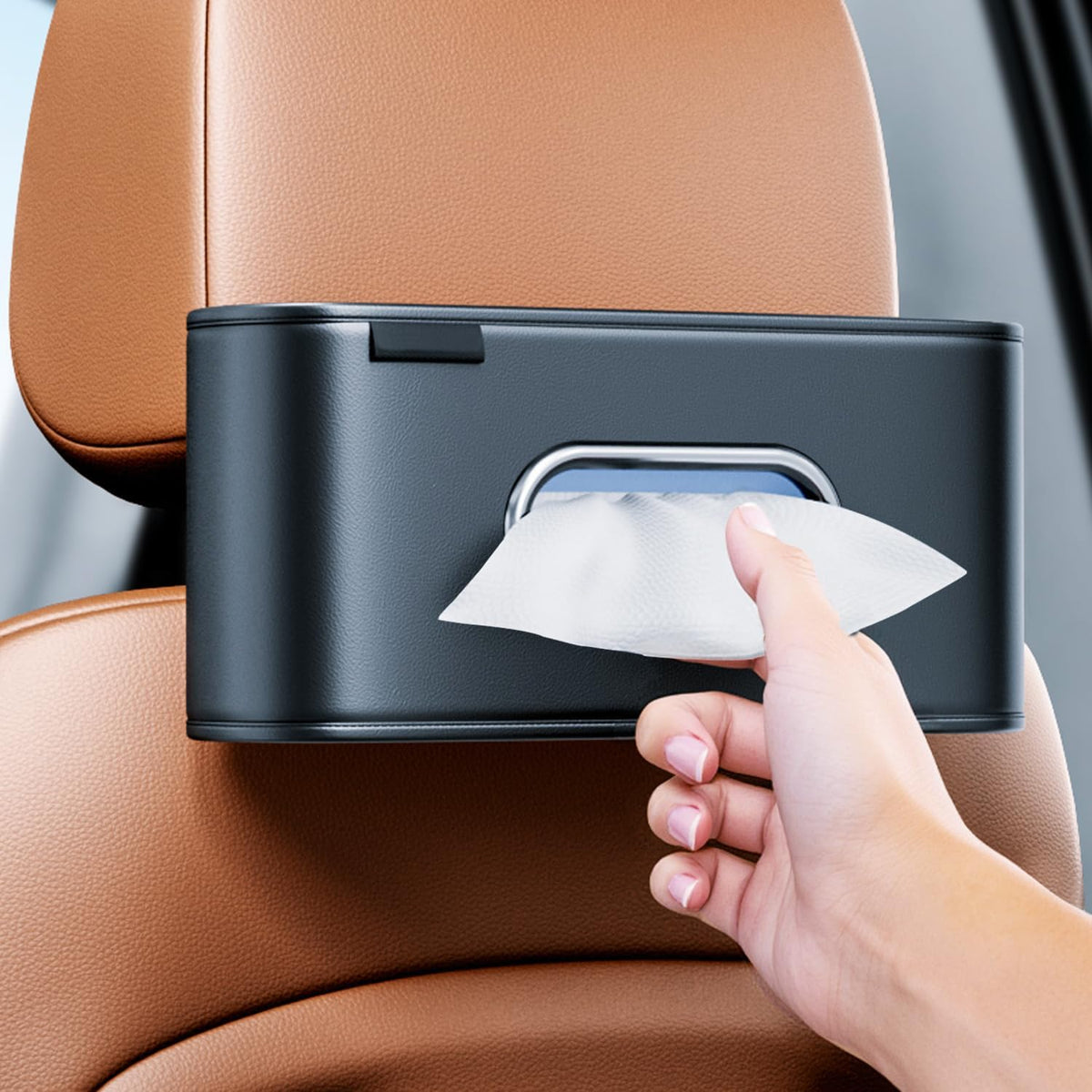 Large Car Tissue Holder,PU Leather Car Kleenex Holder,Refill Easily, Black