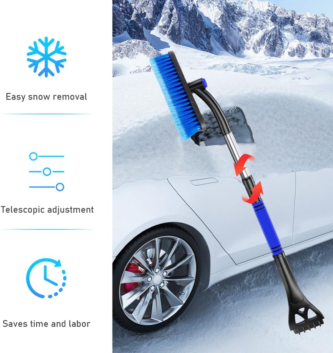 Ohleats 31.5" Ice Scraper and Extendable Snow Brush, 360° Pivoting Snow Brush Head with Foam Grip, Detachable Ice Scraper with Soft Bristle Head for Car Truck SUV Window Windshield (Blue)