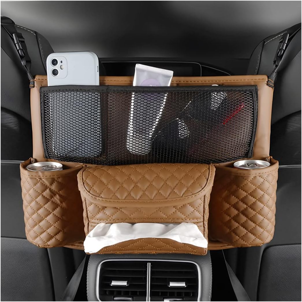 XINLIYA Car Handbag Holder Between Seats, PU Leather Multi-Pocket Large Capacity Purse Holder, Auto Net Bag Barrier of Backseat Pet Kids, Car Seat Organizers and Storage for Cargo Tissue Cup（Black）