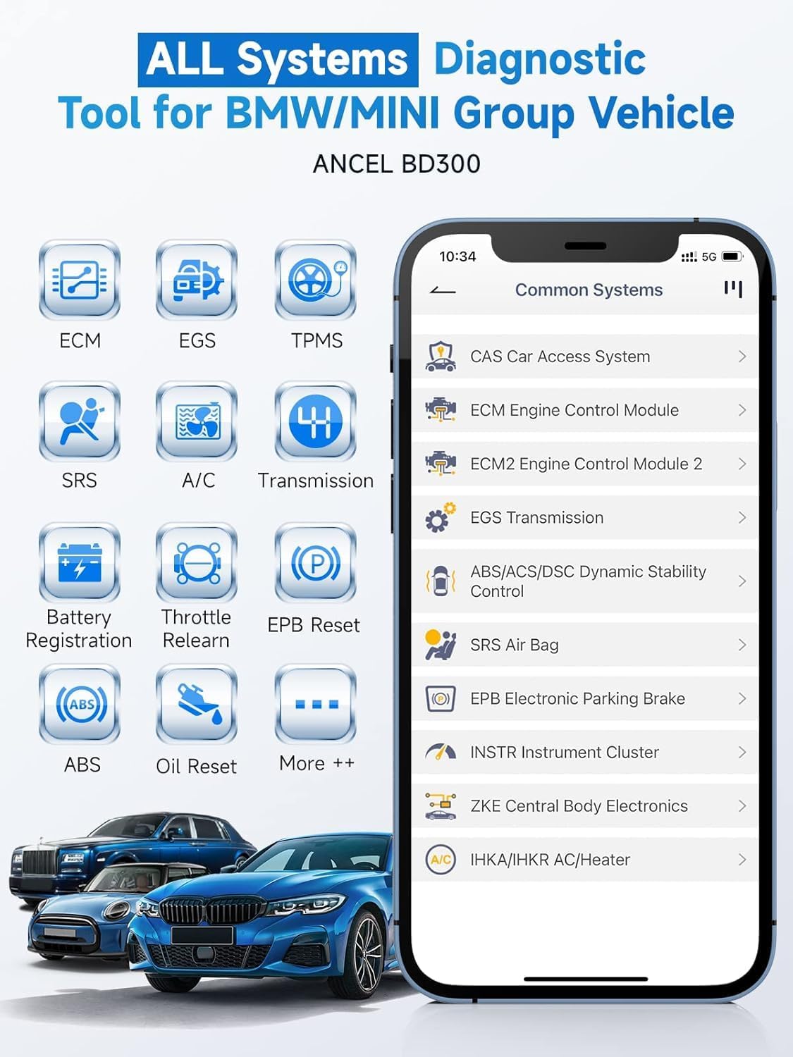 ANCEL BD300 Bluetooth OBD2 Scanner, Full System Code Reader and Diagnostic Tool for BMW with Battery Registration Service Reset EPB CBS ETC ABS Airbag & Powerful OBD2 Functions