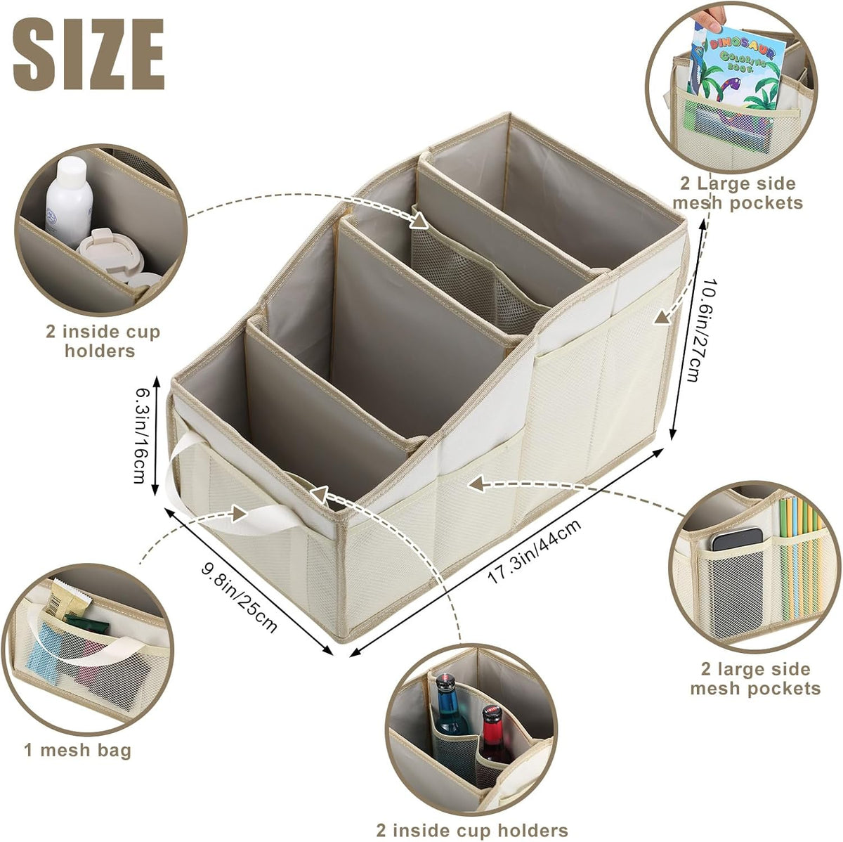 Honeydak Passenger Seat Organizer, Collapsible Car Storage for Console Front/back Seat with Multi-pockets Car Caddy Organizer Suv Truck for Kids Adults Accessories(Beige,4 Compartments)