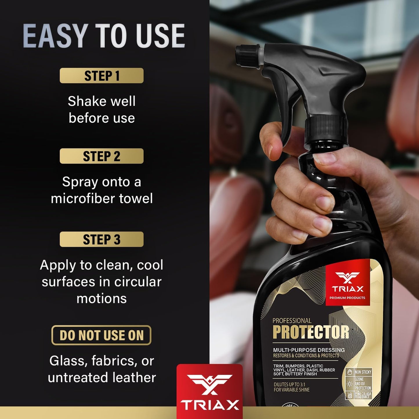 Triax Professional Protector & Dressing - Restores, Conditions, Protects Bumpers, Plastic, Vinyl, Leather, Dash, and Rubber Surfaces (Pack of 2-23 Ounce)
