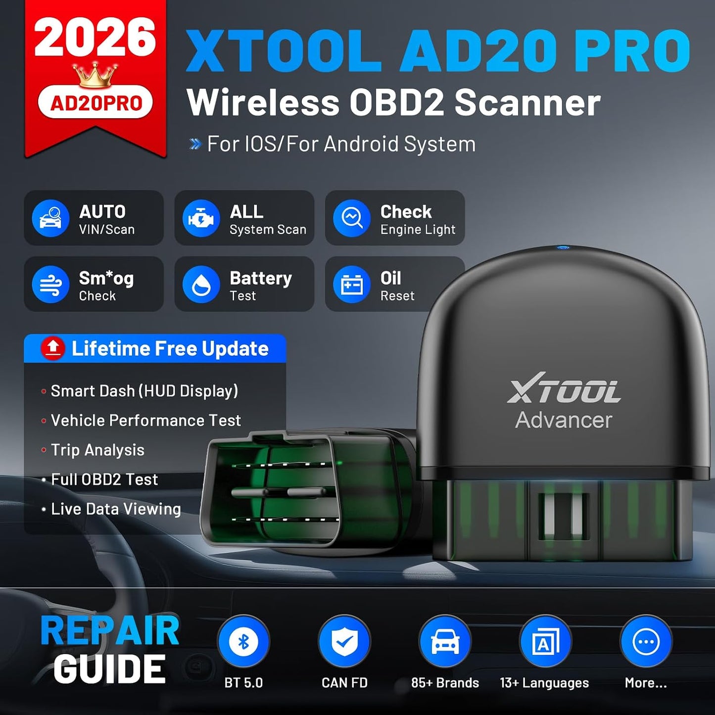 XTOOL AD20 Pro OBD2 Scanner - No Subscription, Full System Car Diagnostic Scan Tool with AI Analysis, Wireless OBD Car Code Reader, Oil Reset, Performance Test, Voltage Test