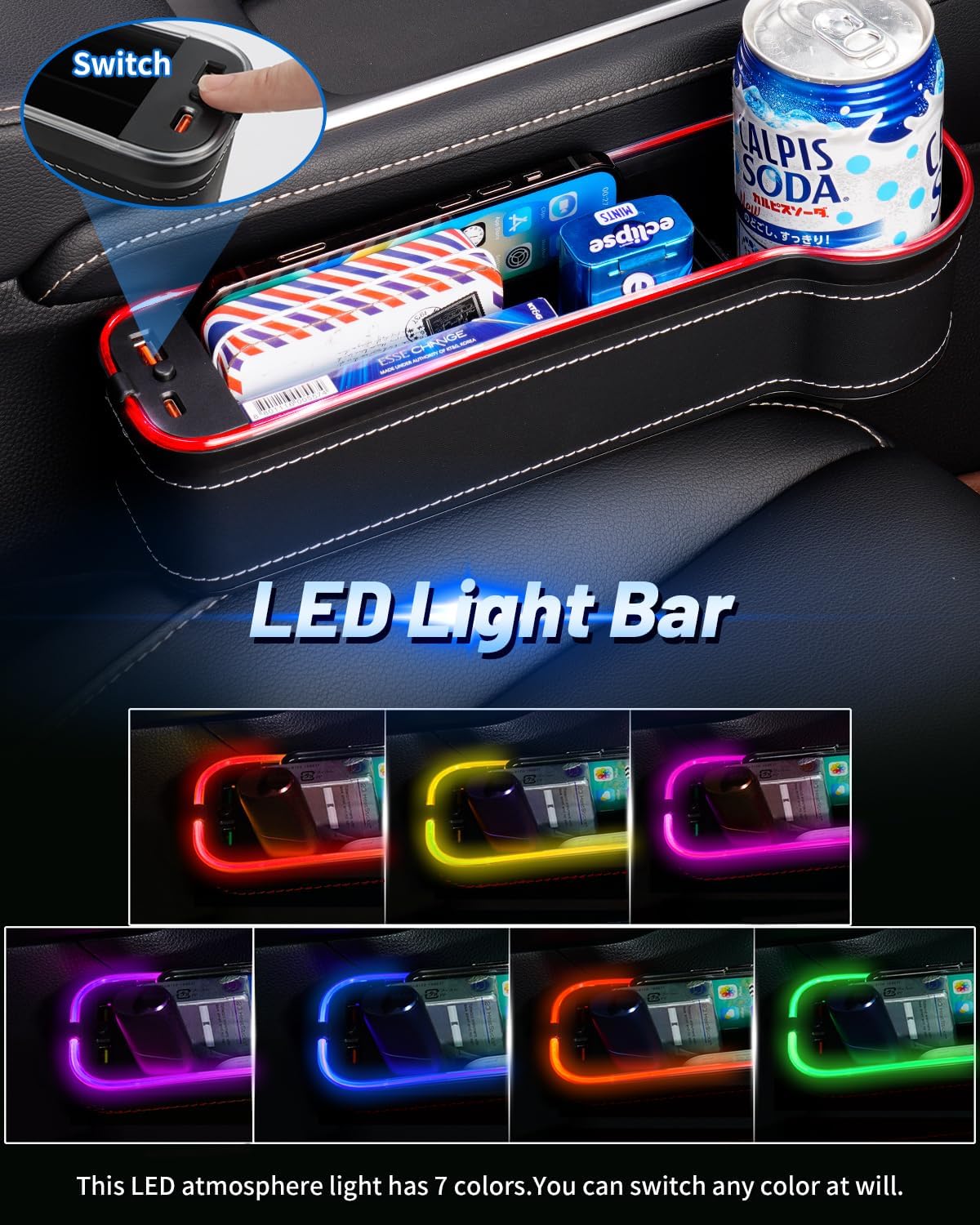 Shademax LED Car Seat Gap Filler Organizer Console Side Storage Box Between Seats with Cup Holders RGB Color Changing Storage Front Seat Gap Filler with USB Charging Car Interior Accessories (2 Pack)