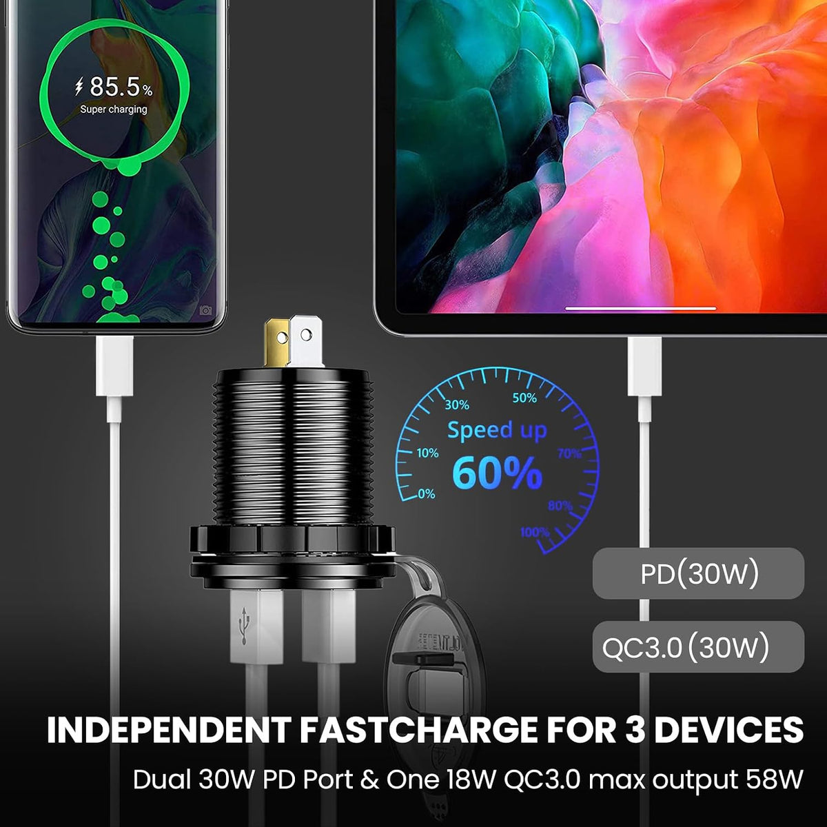 12V USB Car Socket, 3-Port Marine Aluminum USB Quick Charge Waterproof Cigarette Round USB C 12V Outlet for Car Golf Cart Boat Marine Bus Truck RV Marine Motorcycle etc(2QC+1PD(1Pack))