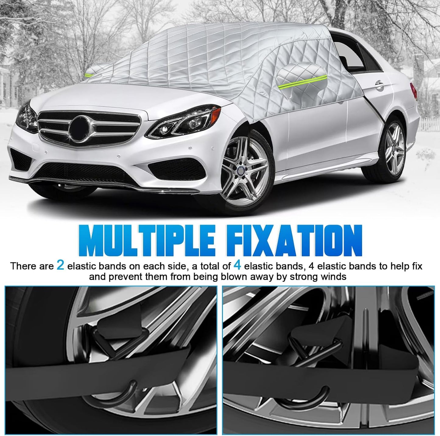 6 Layers Windshield Snow Cover Universal Midsize Sedan/Compact SUV Protection Hail & Snow Shield | Scratch-Free Hooks + Reflective Strips + Mirror Covers