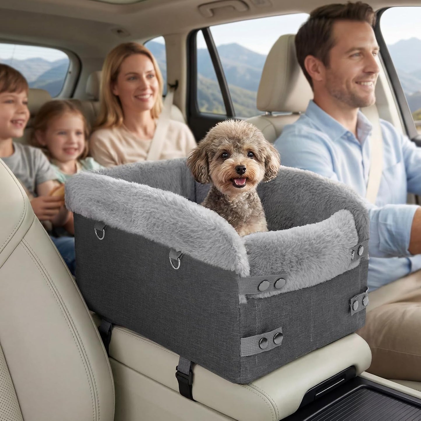 Small Dog Car Seat - Portable Center Console Puppy Booster Seats(Dark Grey) | Support Pet Up to 11lbs, Adjustable Width Travel Carseat for SUV, Small Truck, Full-size Truck