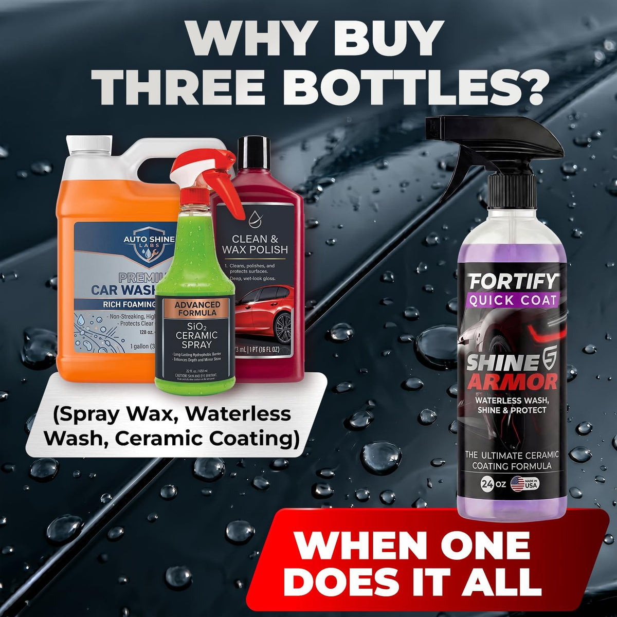 SHINE ARMOR Fortify Quick Coat - 16oz Ceramic Waterless Detailer Spray | 3-in-1 Wash, Wax & Nano-Ceramic Coating | Mirror Shine, Zero Streaks, No Dust Residue | 6-12 Month Protection | Made in USA