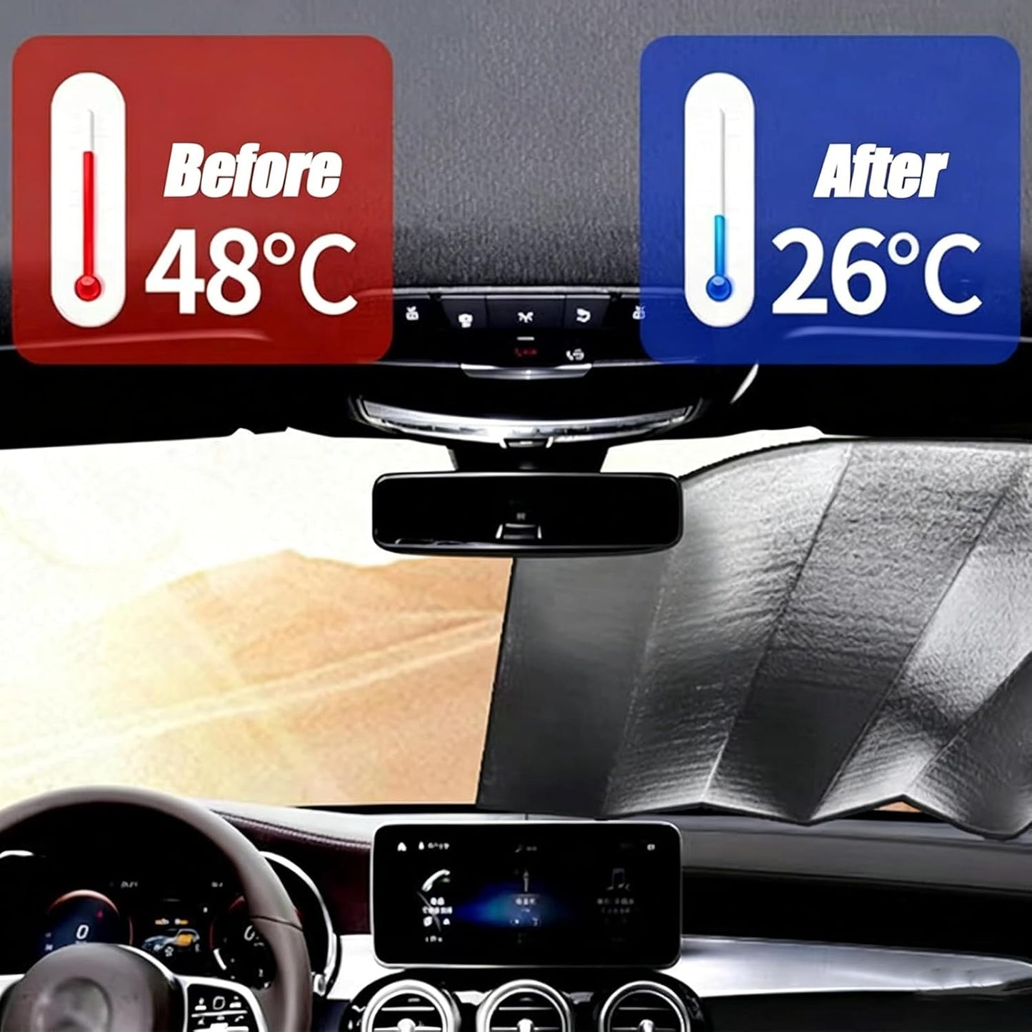 Car Windshield Sun Shade, Double Thickening Bubble Sun Shade, Foldable Front Window Sunshade with Suction Cups, UV-Blocking Sun Visor, Keeps Vehicle Cool for Most Cars SUVs (55"x27.5")