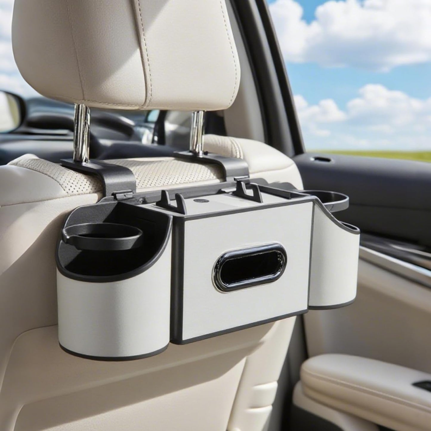 Back Seat Car Organizer,4 in 1 Multifunctional Car Back Seat Storage Box with Drink Cup Holder Tissue Box, for Hold Phone,Snacks, Drinks, Handbag