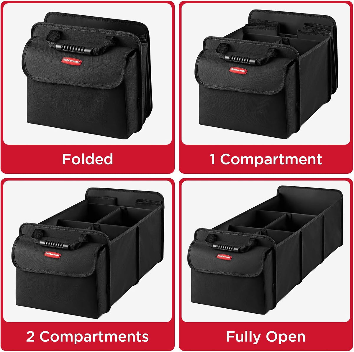 Rubbermaid Car Organizer, Collapsible Trunk Organizer with Removable Leakproof Cooler Bag without Lid, Multi-Compartment Car Storage Organization for Car Accessories, 5 Compartments Without Cover,