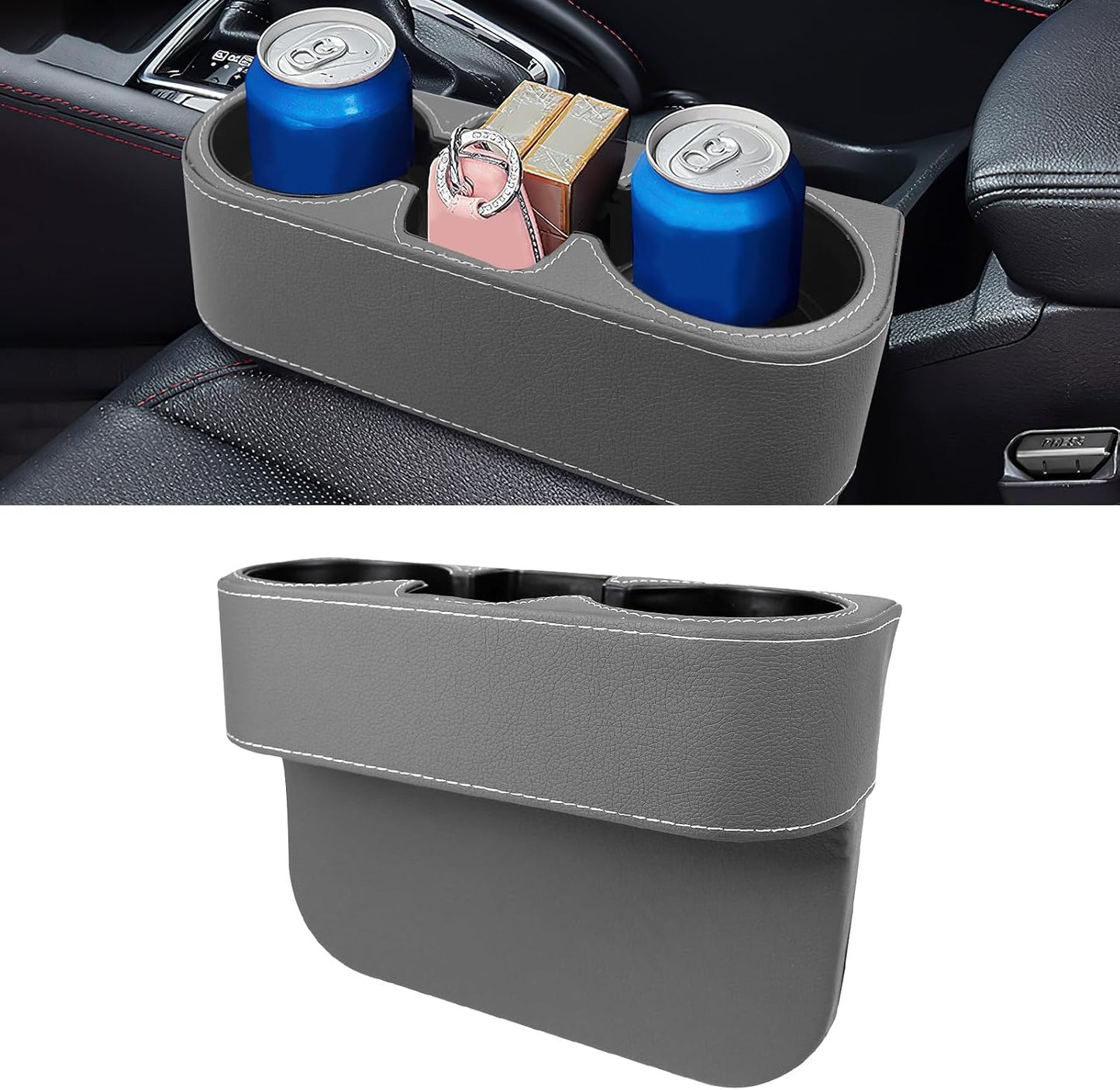 Car Cup Holder, Multifunctional Auto Drink Holder Gap Filler Storage Box, Leather Car Seat Organizer with Cup Holder, Universal Vehicle Front Seat Organizer for Bottle Phone (Black)