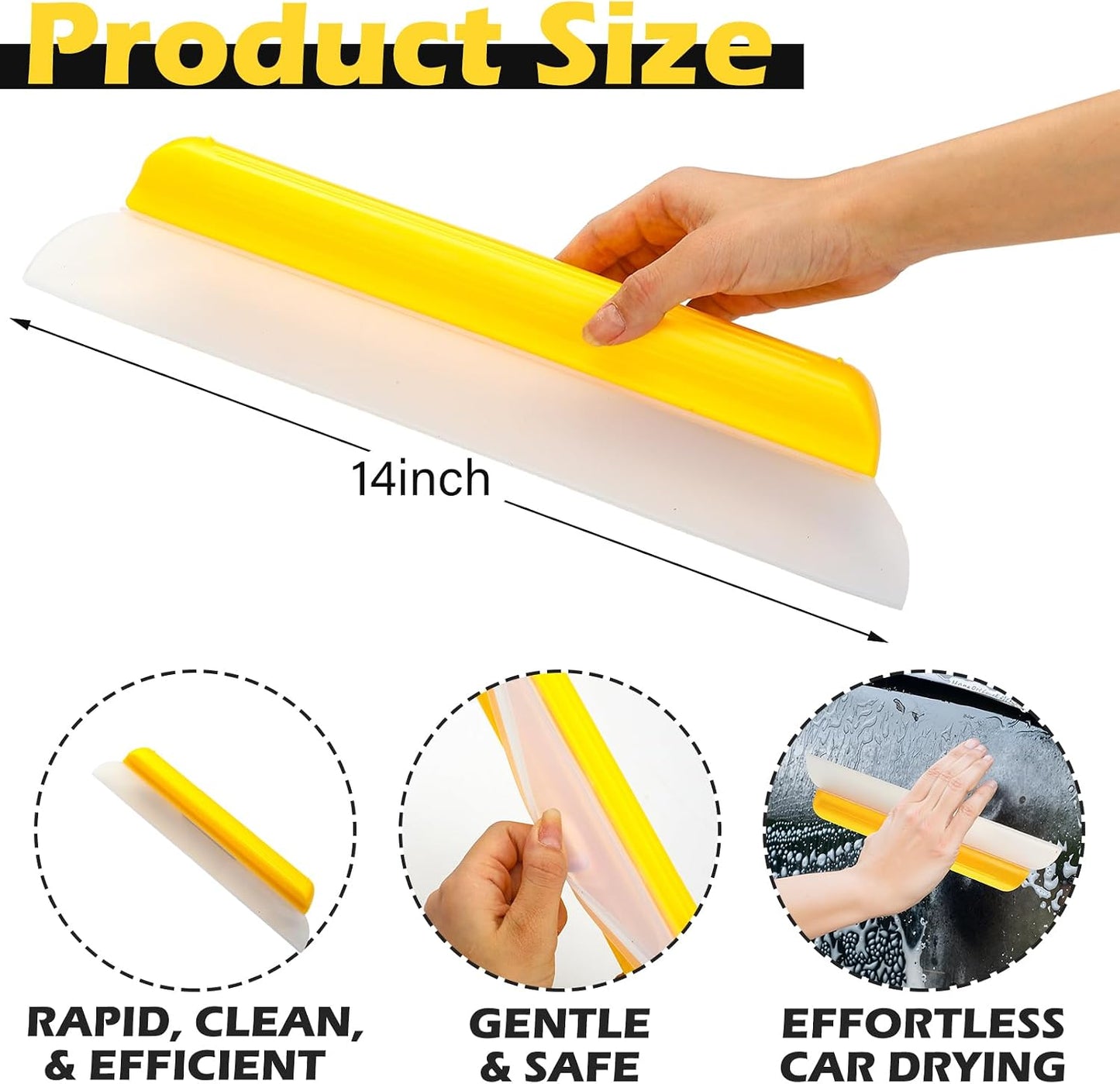 2 Pack 14 Inch Car Drying Squeegee Yellow Longer Silicone Water Squeegee Window Shower Blade Automotive Squeegees Flexible Auto T-bar Rubber Squeegees for Car Windshield Glass Bathroom Wash Tool
