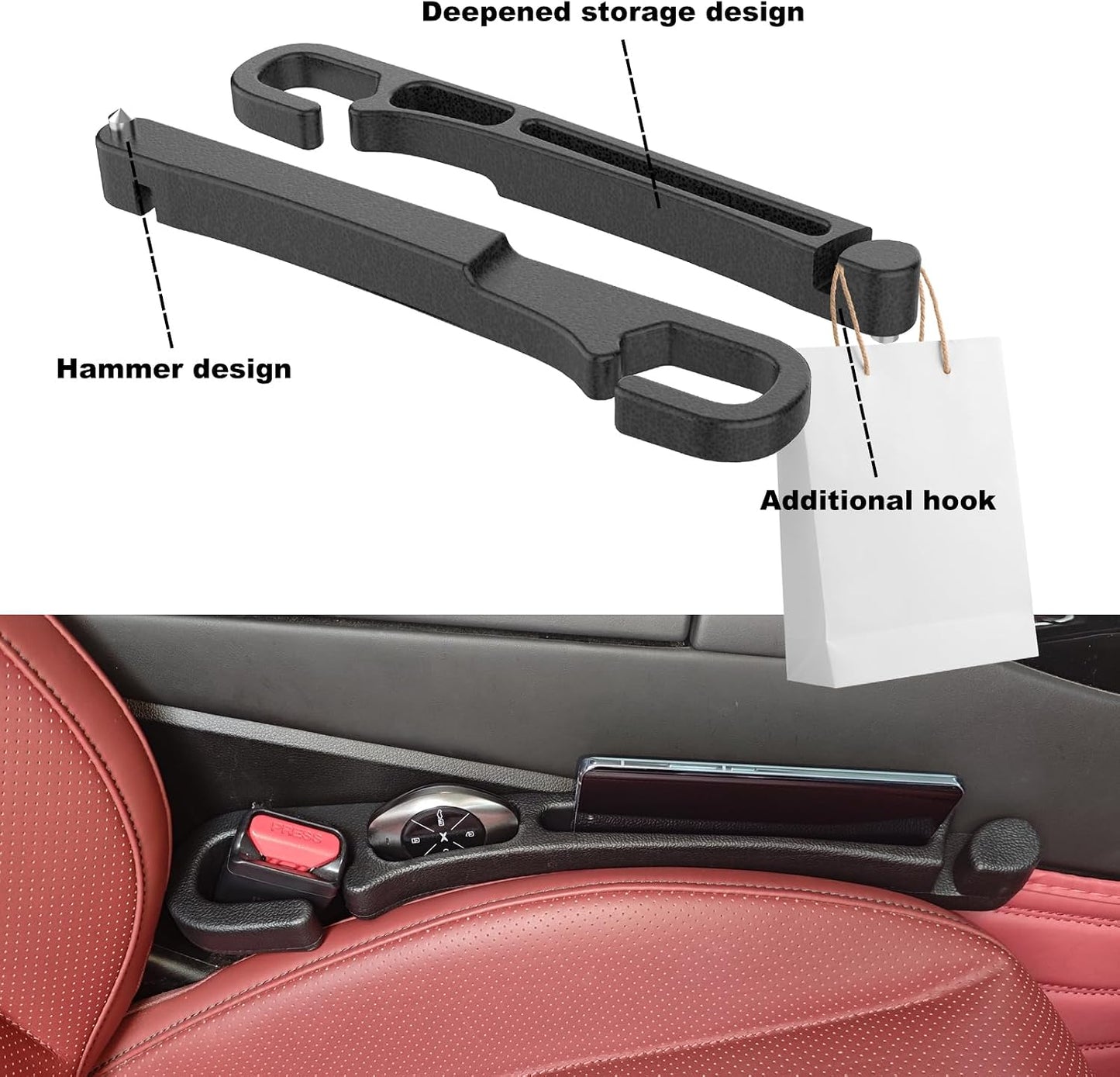 Car Seat Gap 2pk Filler with Storage, Hook & Emergency Glass Breaker