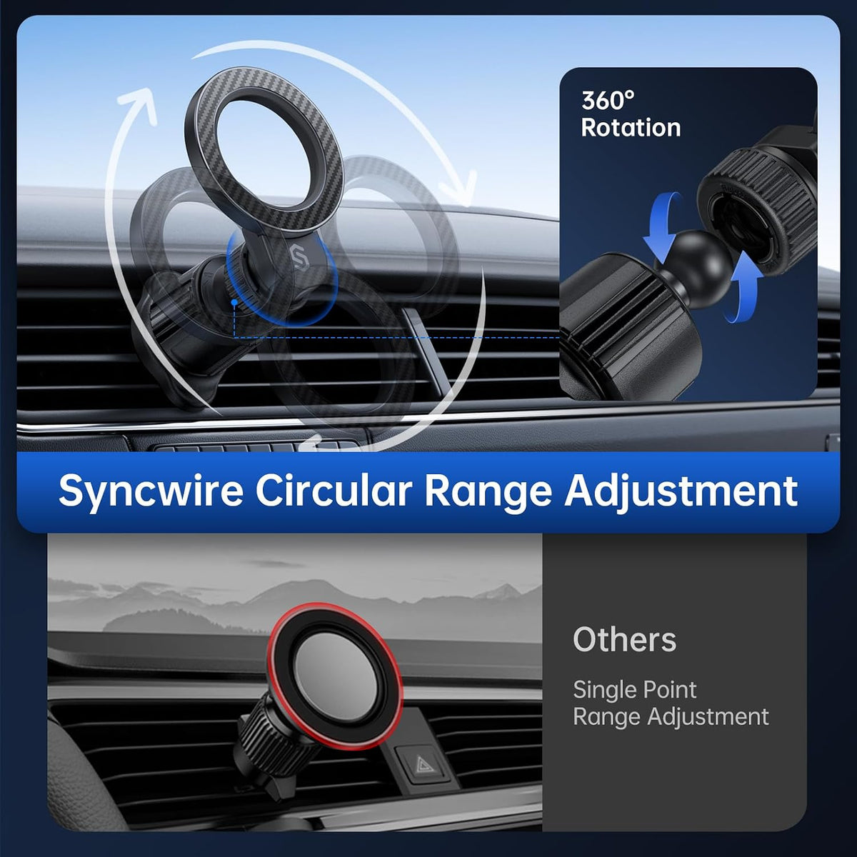 SYNCWIRE for MagSafe Car Holder【Ring Ventilation】【 360° Rotatable】【N55 Magnetic】 Phone Mount for Air Vent, Car Cell Phone Holder Mount Compatible iPhone 17/16 Pro Max 15 14 13 12, Carbon Fiber Style