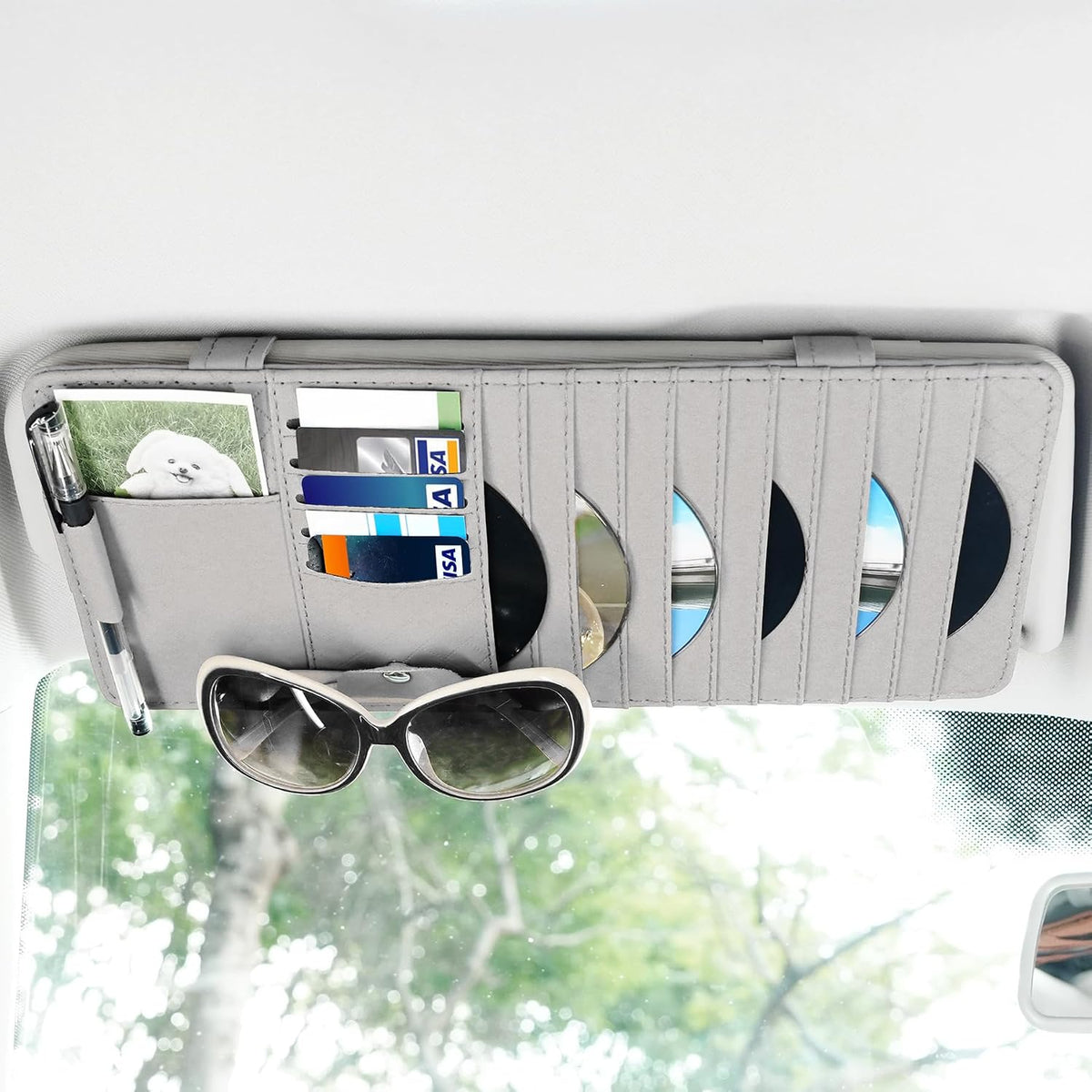 alpmosn Sun Visor CD Case Holder for Car - Multi-Function Visor Organizer with CD/DVD Storage, Eyeglass Clip, Card Slots & Pen Holder, Durable Leather Car Accessories (Grey)