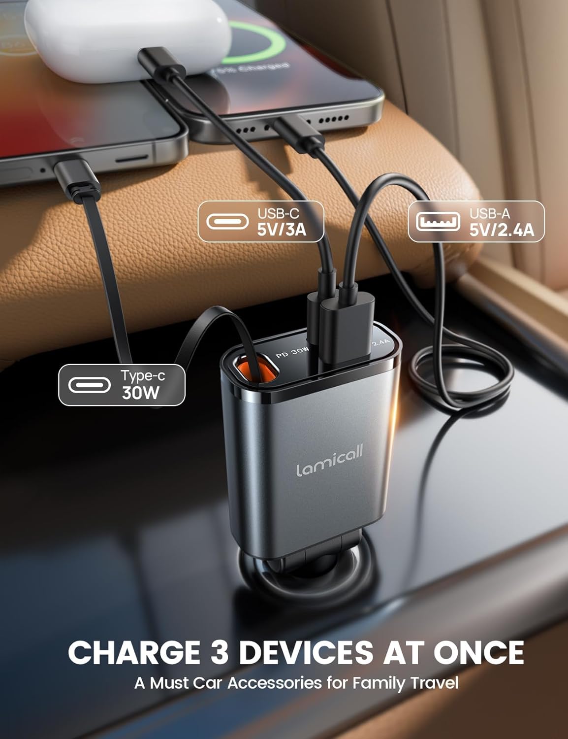 Lamicall Retractable Car Charger USB C 57W Charging for iPhone 18 17 16 Duo