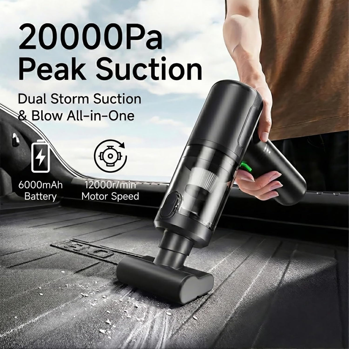 Handheld Car Vacuum Cordless Interior Cleaner, 20000Pa Suction & Air Duster