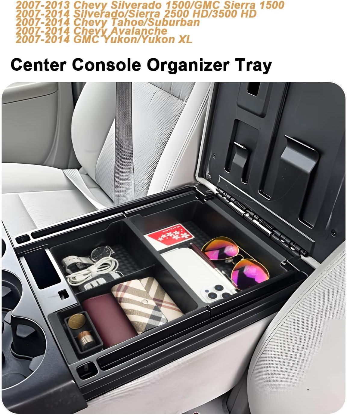ECOZEN Center Console Organizer for 2007-2014 Chevy Silverado/GMC Sierra & Tahoe/Suburban/Avalanche/Yukon/Yukon XL Accessories - Armrest Box Organizer - Only Fit Split-Bench Front Seat/Jump Seats