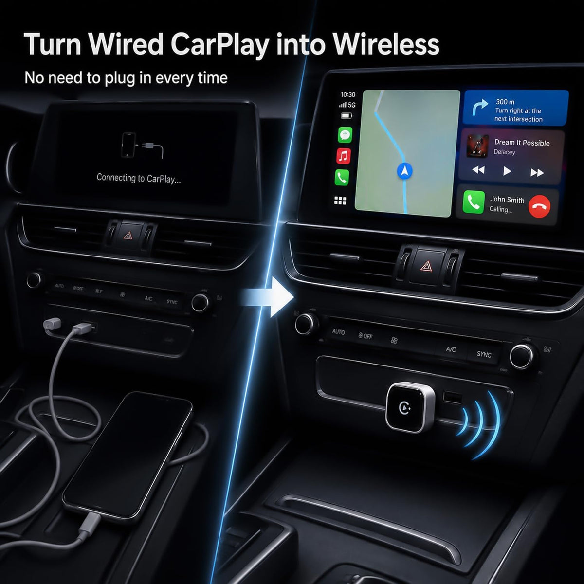 Wireless CarPlay Adapter, MiniPot Apple CarPlay Wireless Dongle for Factory Wired CarPlay Cars, Premium Matte Silver, 5GHz WiFi & Bluetooth Plug & Play Auto-Connect, No Delay
