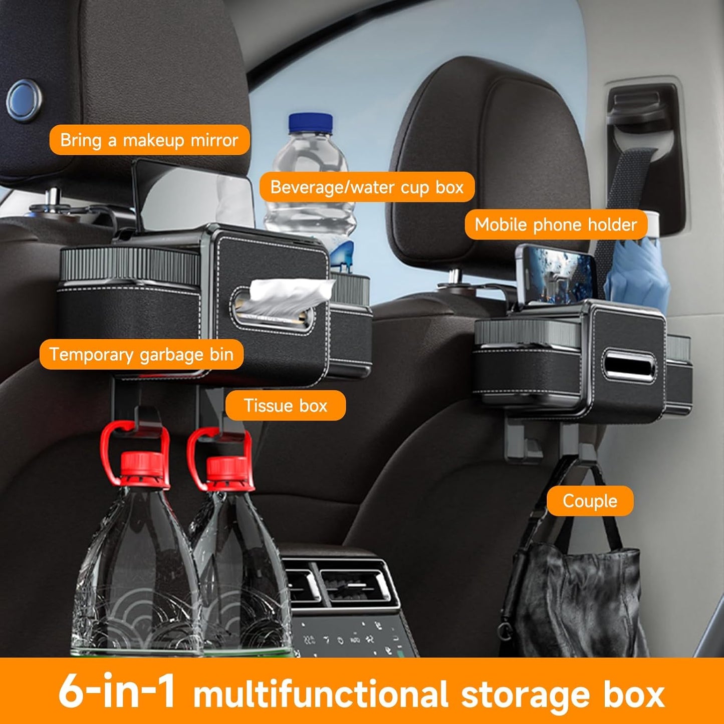 Multifunctional Car Seat Back Organizer Box with Drink Cup Holder, Makeup Mirror, Tissue Box& Hooks for Car Seat Back, New Upgrade Car Headrest Backseat Organizer Suitability for Wife, Girlfriend