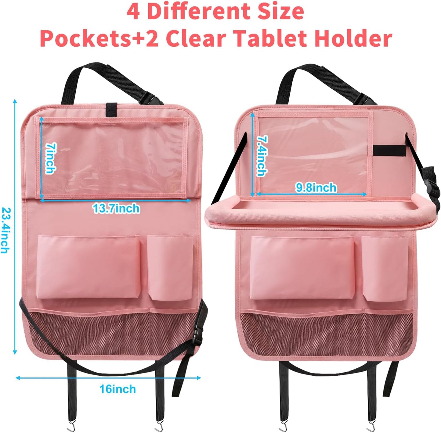 Car Backseat Organizer with Tray, Seat Back Table Holder with 6 Storage Pockets, Car Seat Back Protectors Kick Mats Travel Accessories, 2 Pack Pink