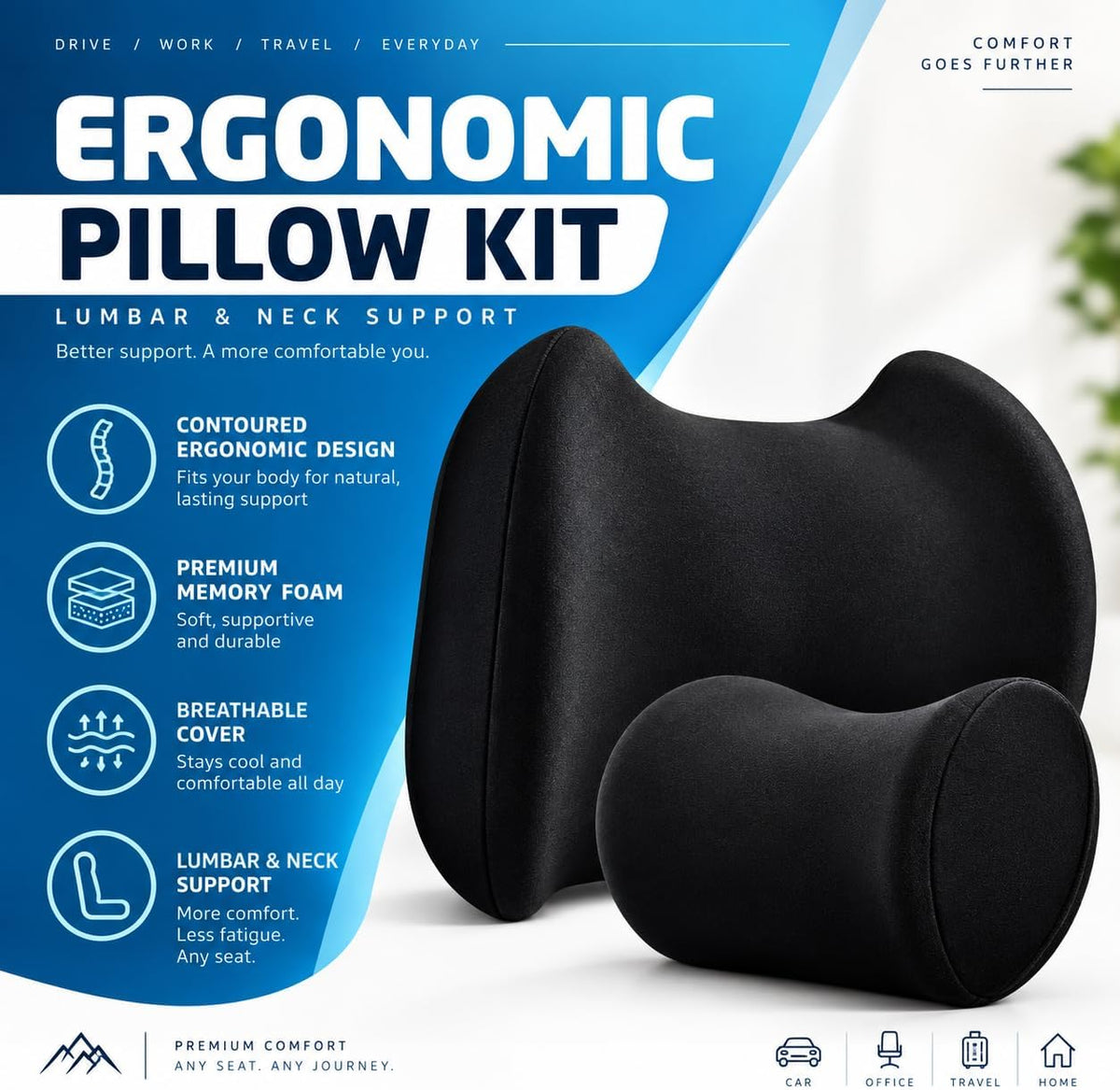 Lumbar & Neck Support Pillow Kit - Black - Back & Neck Support Pillow for Car & Office Chair - Memory Foam Pillow - Ergonomic Pillow for Neck & Back Pain