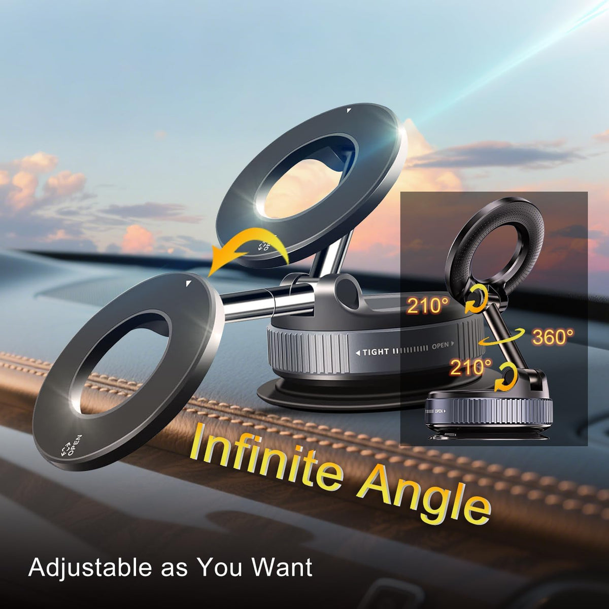 Vacuum Magnetic Phone Holder for Car, Dual-Axis & 360 Adjustable