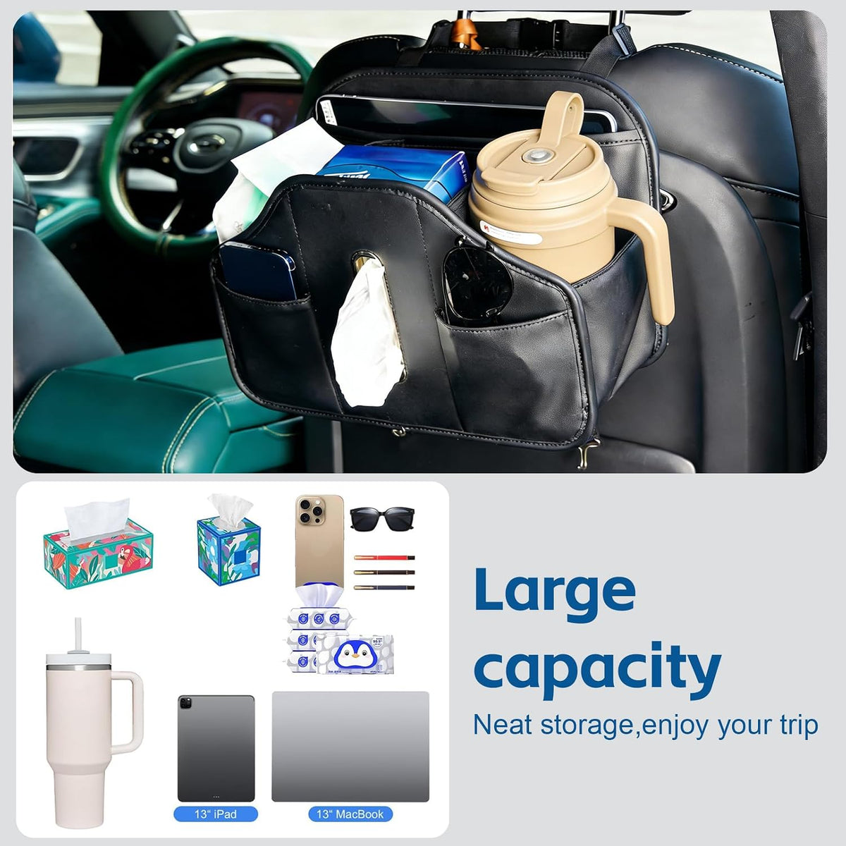 Multifunctional Car Tissue Holder,Back Seat Organizer with Cup Holder,PU Leather Car Headrest Seat Back Storage,Snack Organizers for Kids,Large Tissue Box Cover Fit Kleenex Tissues(50-230ct),2pack