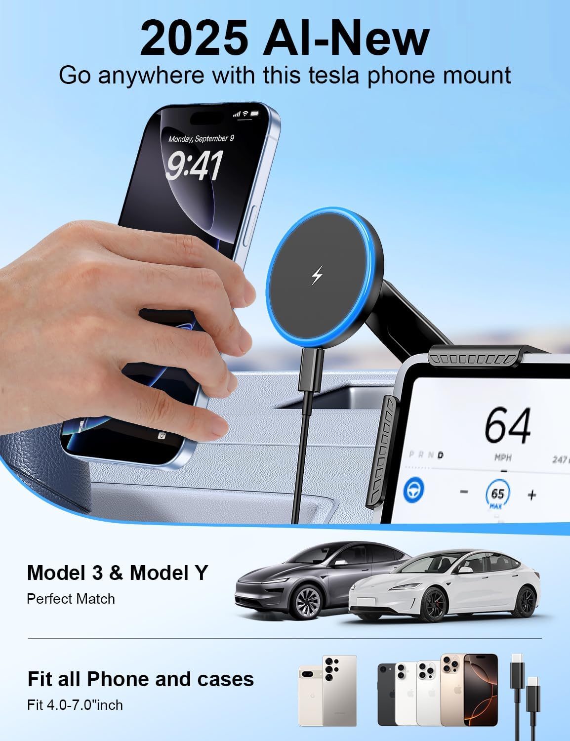 Tesla Car Mount Charger, Strong Magnetic Wireless Car Phone Holder Charger