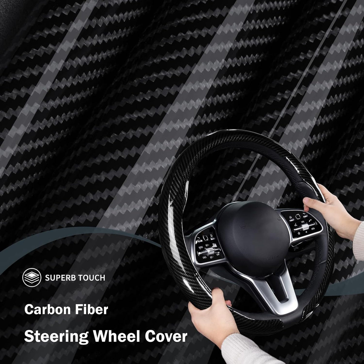 Steering Wheel Cover Carbon Fiber Car Steering Wheel Cover, Glossy Black