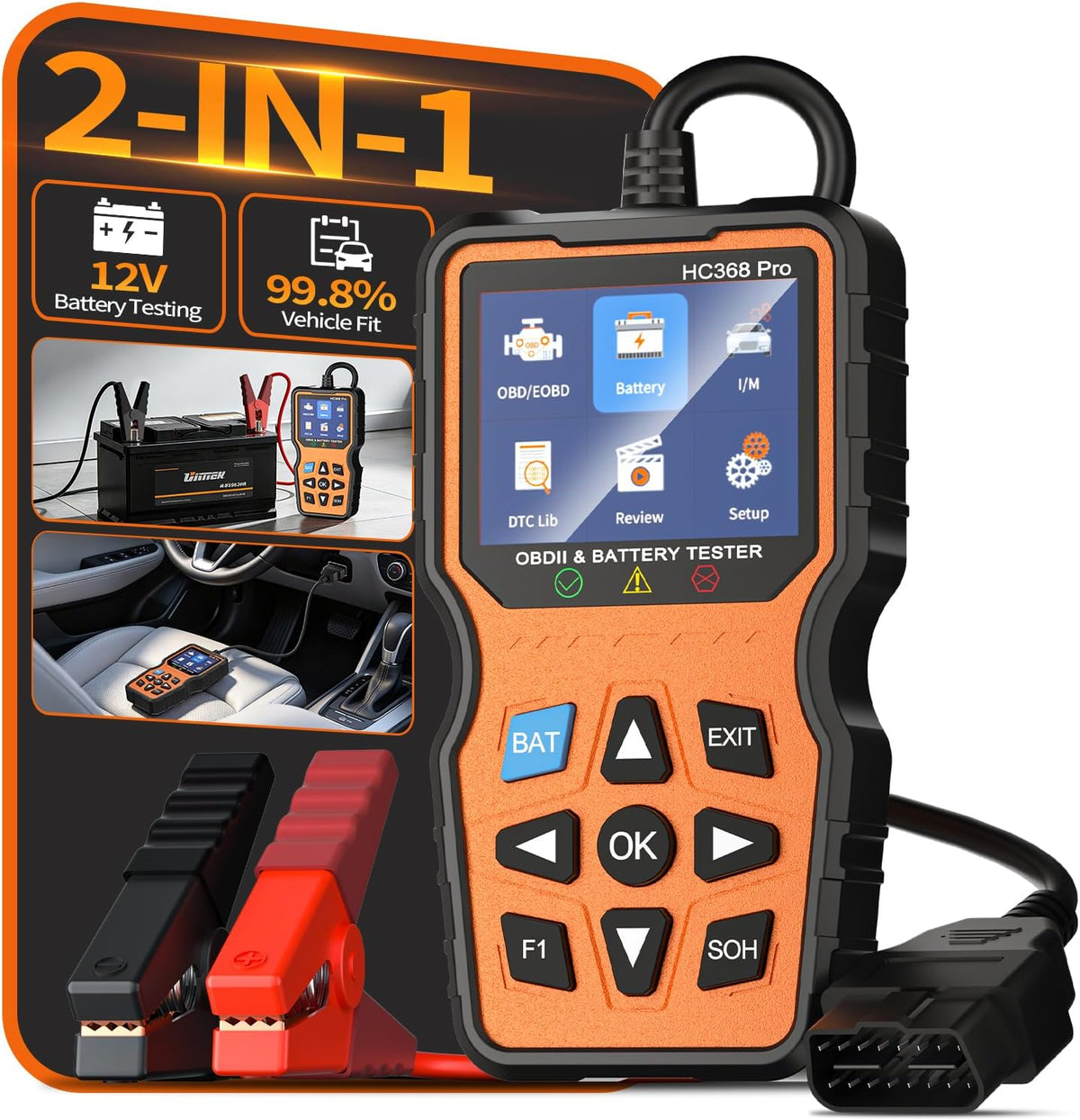 OBD2 Scanner with Battery Tester, 2-in-1 Design 1-Sec Read/Clear Check Engine Code Reader, 12V Car Battery Health & Charging System Analyzer, Universal Auto Diagnostic Tool for 1996+ Cars