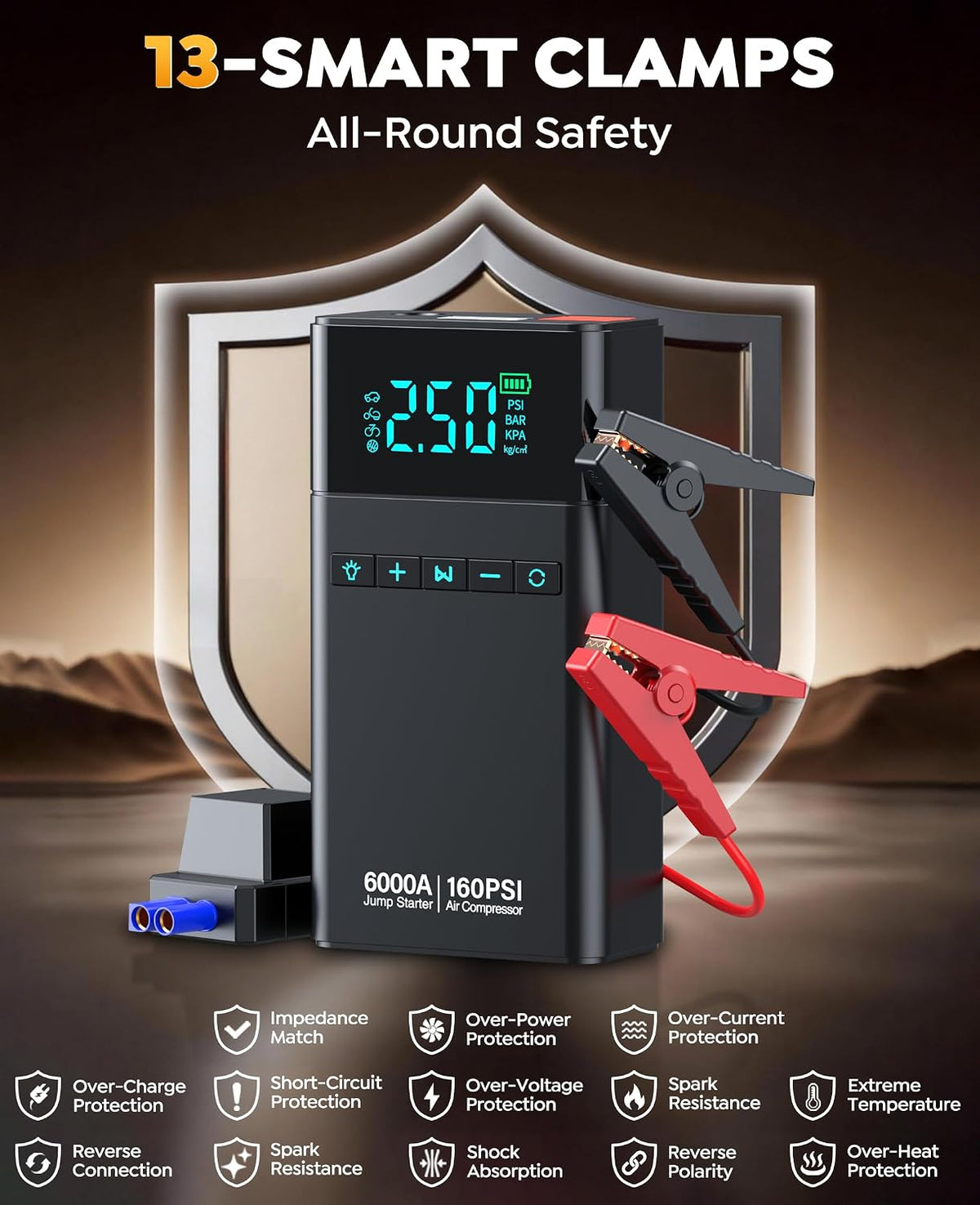 6000A 10-in-1 Car Battery Jump Starter with Air Compressor 160PSI