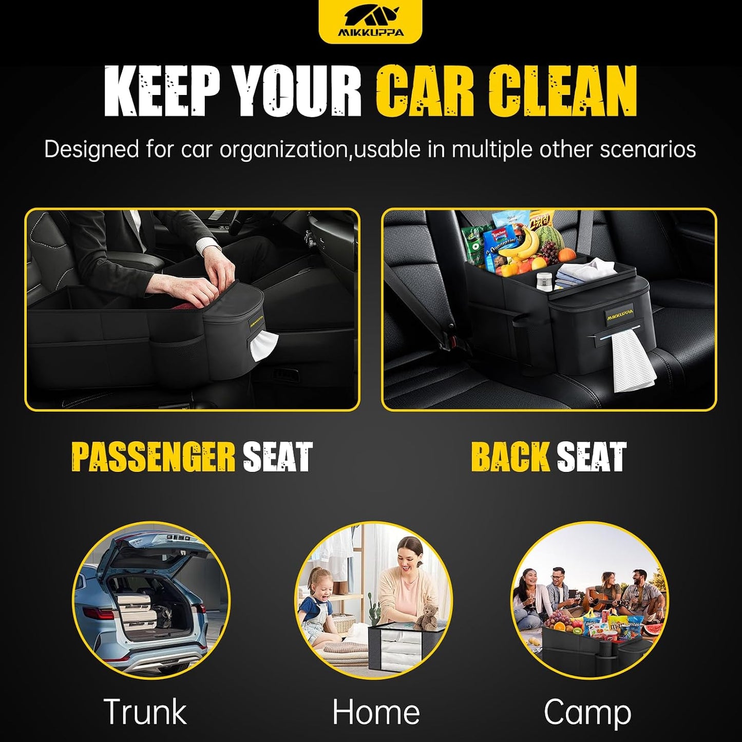 MIKKUPPA Car Seat Organizer - Front Passenger &amp; Backseat Organizer with Tissue Box &amp; Cup Holder, Car Seat Storage Box with Mesh Pockets, Road Trip Essentials for Kids