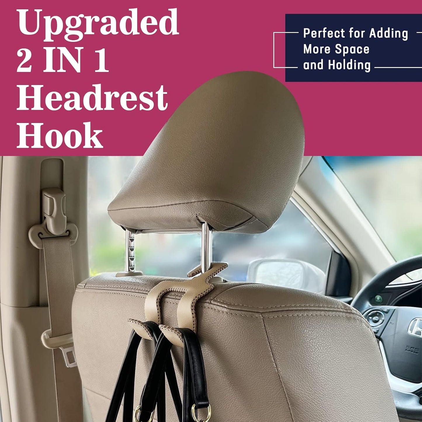 Upgraded Headrest Hooks for Car, 2 in 1 Back Seat Purse Holder Hook Genuine Leather Head Rest Hangers Vehicle Organizer Accessories for Hanging Grocery Bags, 1 Pack, Beige