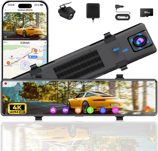 12" Mirror Dash Cam Front and Rear, 4K Dual Dashcam for Cars with Voice Control, WiFi ADAS&BSD&LCA, GPS, Reverse Assist, G-Sensor, 24 Parking Monitor, Free 64GB Card