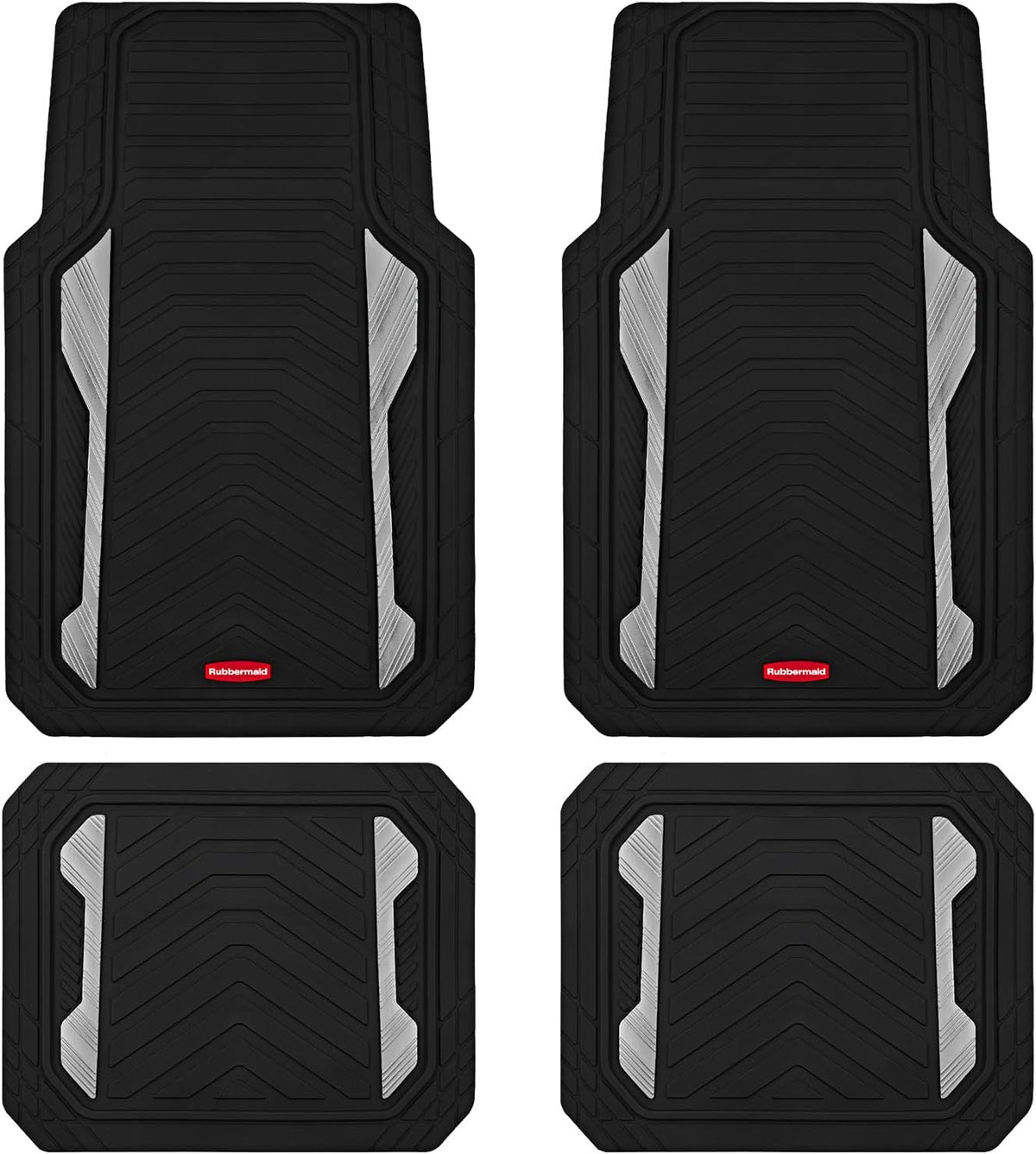 Rubbermaid Car Floor Mat, Heavy Duty All-Weather Car Mats Full Set with Dual-Tone Sliver Aluminum Inserts – Universal Fit, Anti-Slip Backing, Trim-to-Fit for Most SUV, Sedan, Van