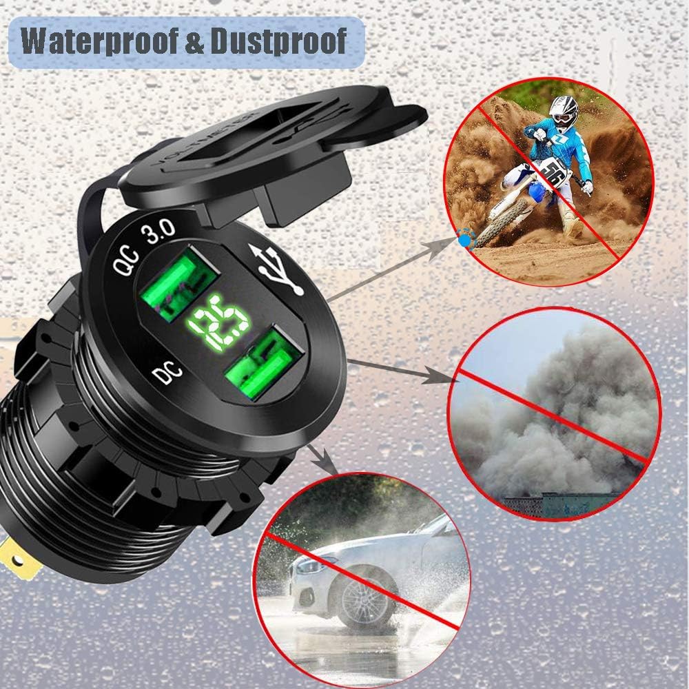 Quick Charge 3.0 Dual USB Car Charger Socket 12V/24V 36W QC3.0 Dual USB Fast Charger Aluminum Socket Power Outlet with LED Voltmeter for Marine, Boat, Motorcycle (Green)
