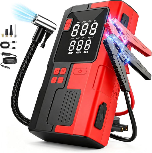 12V 5000A Jump Starter with Air Compressor Portable for Car Emergency，UltraSafe, 160PSI, 9.0L Gas/6.0L Diesel, Tire Inflation, Jumper Cables, LED Light, for Car, Motorcycle, SUV